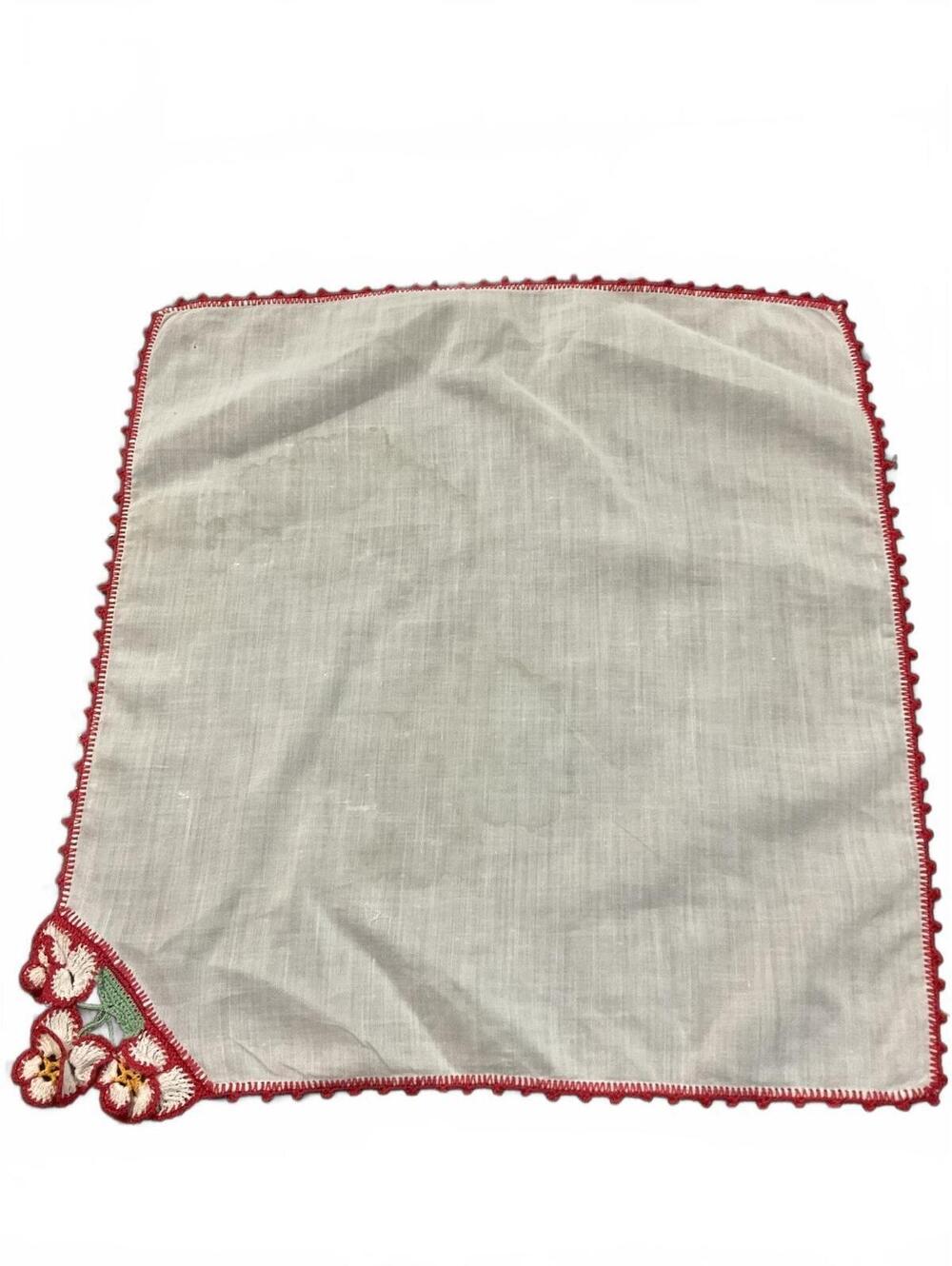 Vintage Handmade White Cotton Handkerchief with Red Floral Crochet Trim